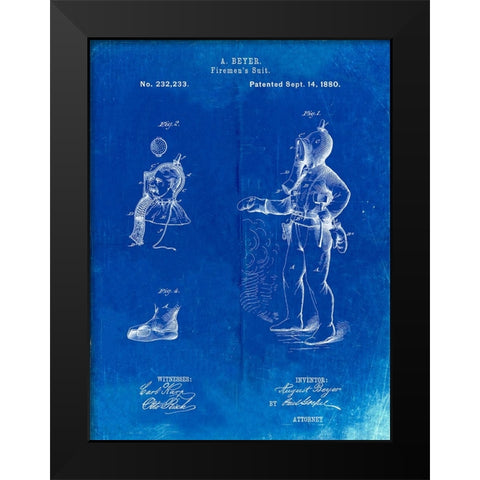 PP811-Faded Blueprint Firefighter Suit 1880 Patent Poster Black Modern Wood Framed Art Print by Borders, Cole
