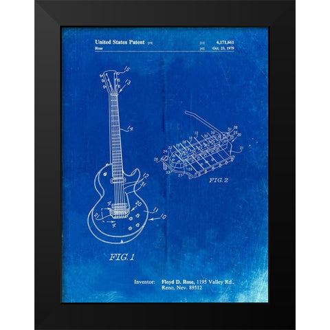 PP818-Faded Blueprint Floyd Rose Guitar Tremolo Patent Poster Black Modern Wood Framed Art Print by Borders, Cole