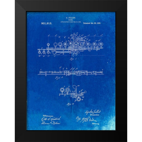 PP820-Faded Blueprint Flute 1908 Patent Poster Black Modern Wood Framed Art Print by Borders, Cole