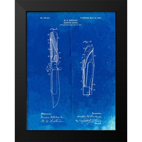 PP822-Faded Blueprint Folding Hunting Knife 1902 Patent Poster Black Modern Wood Framed Art Print by Borders, Cole