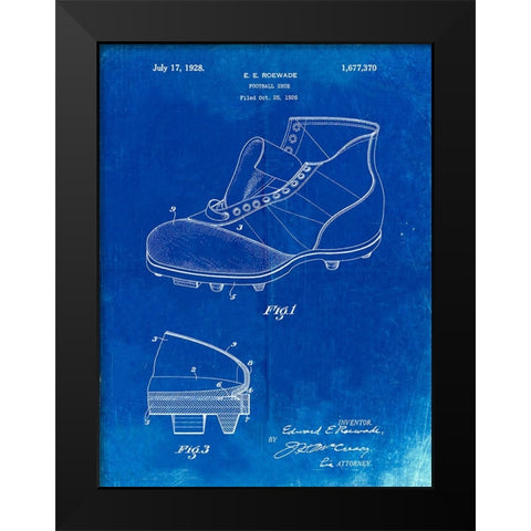 PP823-Faded Blueprint Football Cleat 1928 Patent Poster Black Modern Wood Framed Art Print by Borders, Cole