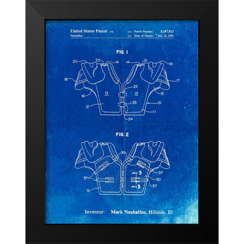 PP829-Faded Blueprint Football Shoulder Pads Patent Black Modern Wood Framed Art Print by Borders, Cole