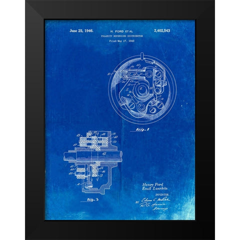 PP839-Faded Blueprint Ford Distributor 1946 Patent Poster Black Modern Wood Framed Art Print by Borders, Cole