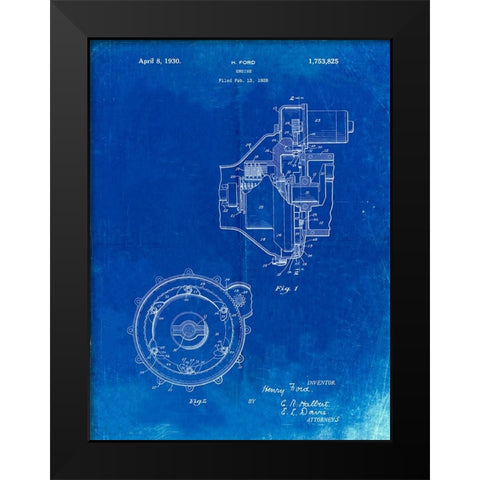 PP841-Faded Blueprint Ford Engine 1930 Patent Poster Black Modern Wood Framed Art Print by Borders, Cole