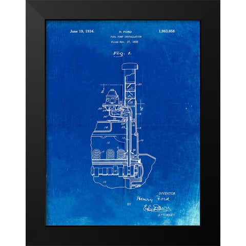 PP842-Faded Blueprint Ford Fuel Pump 1933 Patent Poster Black Modern Wood Framed Art Print by Borders, Cole