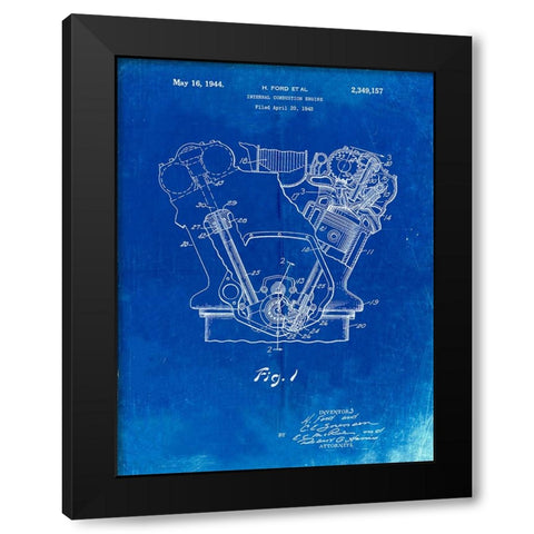 PP844-Faded Blueprint Ford Internal Combustion Engine Poster Black Modern Wood Framed Art Print by Borders, Cole