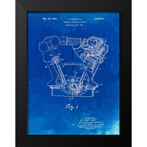 PP844-Faded Blueprint Ford Internal Combustion Engine Poster Black Modern Wood Framed Art Print by Borders, Cole