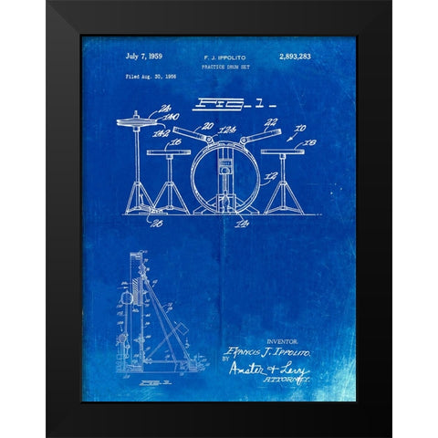 PP852-Faded Blueprint Frank Ippolito Practice Drum Set Patent Poster Black Modern Wood Framed Art Print by Borders, Cole