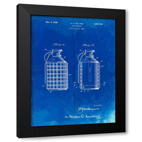 PP867-Faded Blueprint Hand Grenade Patent Poster Black Modern Wood Framed Art Print by Borders, Cole