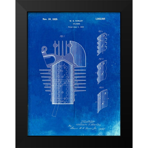 PP869-Faded Blueprint Harley Davidson Cylinder 1919 Patent Poster Black Modern Wood Framed Art Print by Borders, Cole