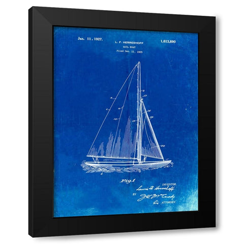 PP878-Faded Blueprint Herreshoff R 40 Gamecock Racing Sailboat Patent Poster Black Modern Wood Framed Art Print by Borders, Cole
