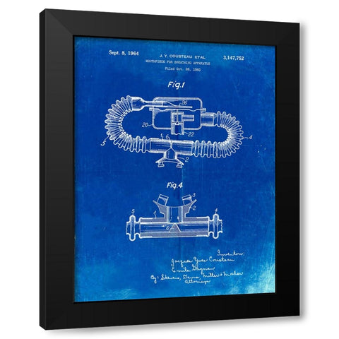 PP896-Faded Blueprint Jacques Cousteau Diving Mouthpiece Patent Poster Black Modern Wood Framed Art Print by Borders, Cole