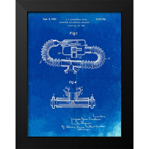 PP896-Faded Blueprint Jacques Cousteau Diving Mouthpiece Patent Poster Black Modern Wood Framed Art Print by Borders, Cole
