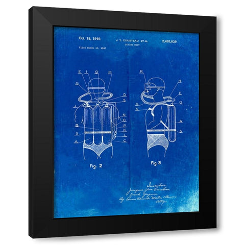 PP897-Faded Blueprint Jacques Cousteau Diving Suit Patent Poster Black Modern Wood Framed Art Print with Double Matting by Borders, Cole