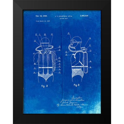 PP897-Faded Blueprint Jacques Cousteau Diving Suit Patent Poster Black Modern Wood Framed Art Print by Borders, Cole