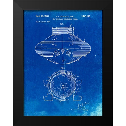 PP898-Faded Blueprint Jacques Cousteau Submersible Vessel Patent Poster Black Modern Wood Framed Art Print by Borders, Cole