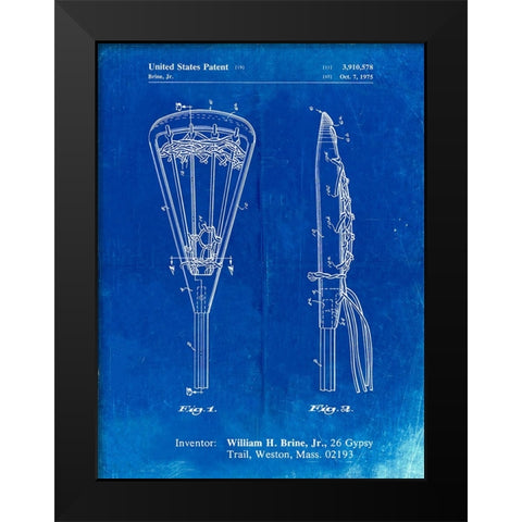 PP915-Faded Blueprint Lacrosse Stick 1936 Patent Poster Black Modern Wood Framed Art Print by Borders, Cole
