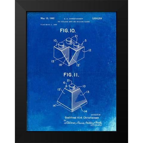 PP920-Faded Blueprint Lego Building Kit Blocks Patent Poster Black Modern Wood Framed Art Print by Borders, Cole