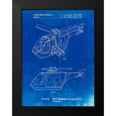 PP929-Faded Blueprint Lego Helicopter Building Kit Patent Poster Black Modern Wood Framed Art Print by Borders, Cole