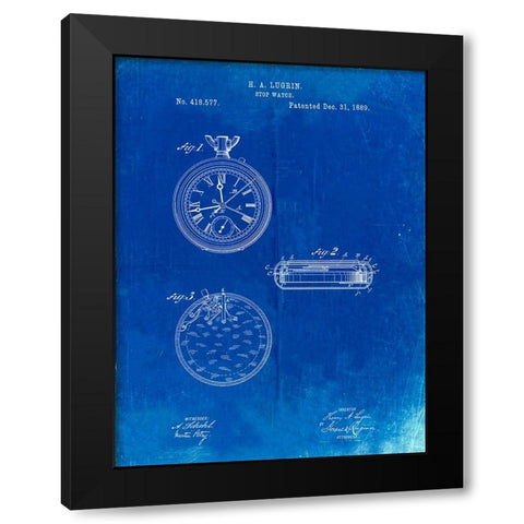 PP940-Faded Blueprint Lemania Swiss Stopwatch Patent Poster Black Modern Wood Framed Art Print by Borders, Cole