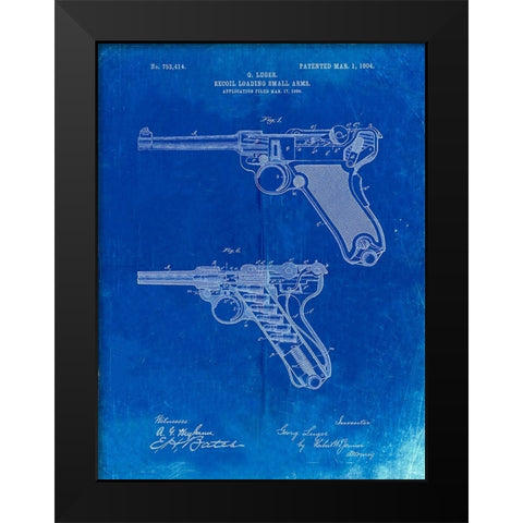 PP947-Faded Blueprint Luger Pistol Patent Poster Black Modern Wood Framed Art Print by Borders, Cole