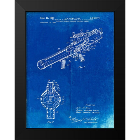 PP952-Faded Blueprint Mattel Toy Pop Gun Patent Poster Black Modern Wood Framed Art Print by Borders, Cole