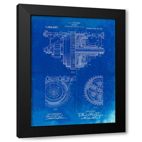 PP953-Faded Blueprint Mechanical Gearing 1912 Patent Poster Black Modern Wood Framed Art Print by Borders, Cole
