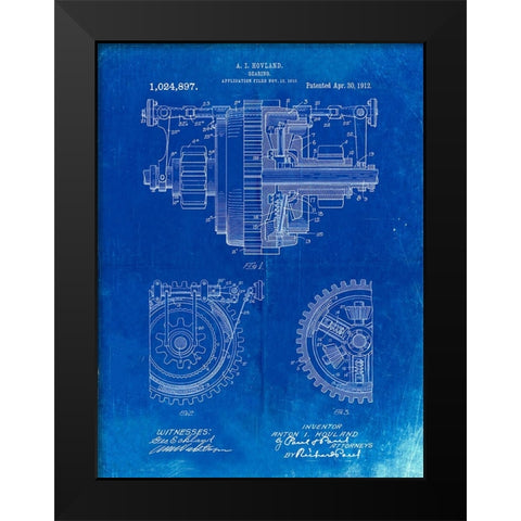 PP953-Faded Blueprint Mechanical Gearing 1912 Patent Poster Black Modern Wood Framed Art Print by Borders, Cole