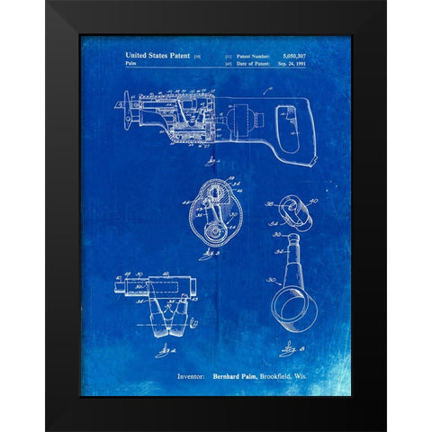 PP958-Faded Blueprint Milwaukee Reciprocating Saw Patent Poster Black Modern Wood Framed Art Print by Borders, Cole