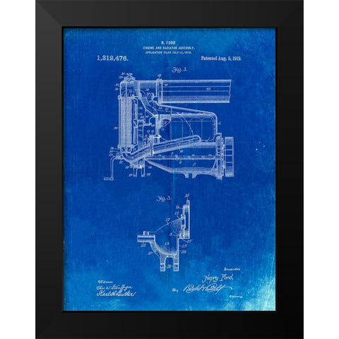 PP960-Faded Blueprint Model T Engine and Radiator Assembly Black Modern Wood Framed Art Print by Borders, Cole