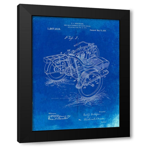 PP963-Faded Blueprint Motorcycle Sidecar 1918 Patent Poster Black Modern Wood Framed Art Print by Borders, Cole