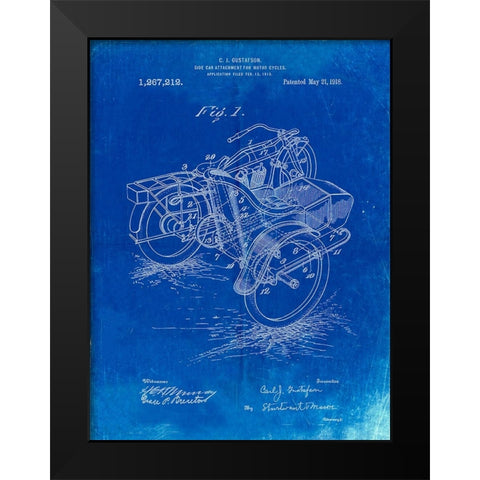 PP963-Faded Blueprint Motorcycle Sidecar 1918 Patent Poster Black Modern Wood Framed Art Print by Borders, Cole