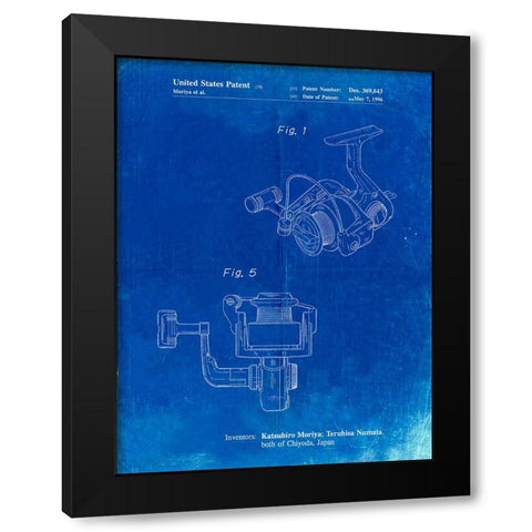 PP973-Faded Blueprint Open Face Spinning Fishing Reel Patent Poster Black Modern Wood Framed Art Print with Double Matting by Borders, Cole