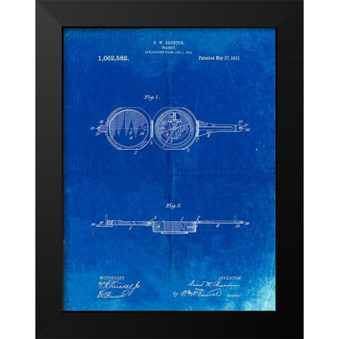 PP992-Faded Blueprint Pocket Transit Compass 1919 Patent Poster Black Modern Wood Framed Art Print by Borders, Cole