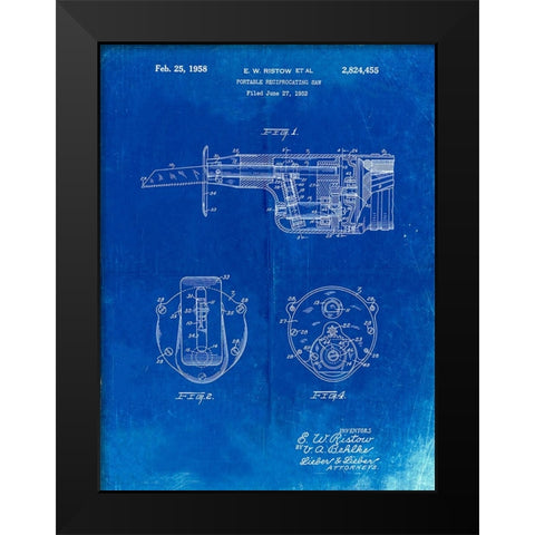 PP996-Faded Blueprint Portable Reciprocating Saw Poster Black Modern Wood Framed Art Print by Borders, Cole