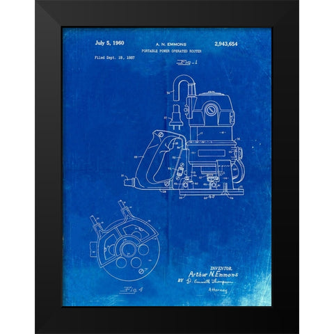 PP997-Faded Blueprint Porter Cable Hand Router Patent Poster Black Modern Wood Framed Art Print by Borders, Cole