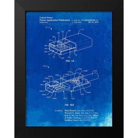PP1013-Faded Blueprint Reversible USB Patent Poster Black Modern Wood Framed Art Print by Borders, Cole