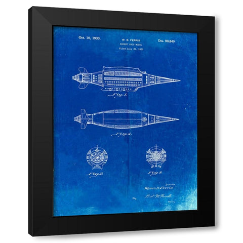 PP1017-Faded Blueprint Rocket Ship Model Patent Poster Black Modern Wood Framed Art Print with Double Matting by Borders, Cole