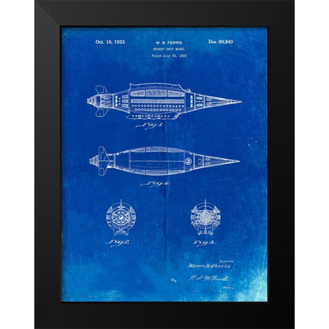 PP1017-Faded Blueprint Rocket Ship Model Patent Poster Black Modern Wood Framed Art Print by Borders, Cole