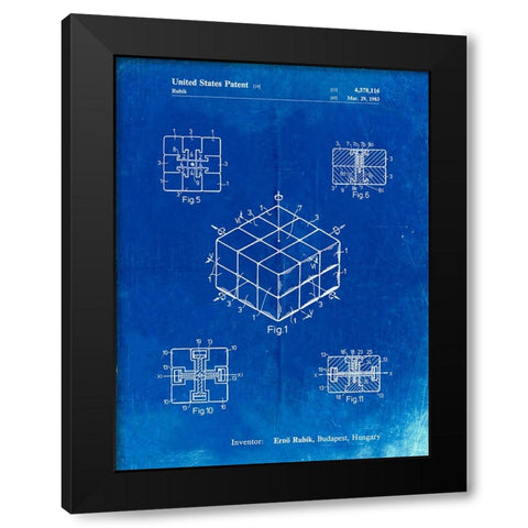 PP1022-Faded Blueprint Rubiks Cube Patent Poster Black Modern Wood Framed Art Print with Double Matting by Borders, Cole