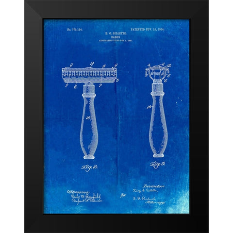 PP1026-Faded Blueprint Safety Razor Patent Poster Black Modern Wood Framed Art Print by Borders, Cole