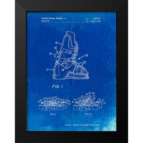 PP1037-Faded Blueprint Ski Boots Patent Poster Black Modern Wood Framed Art Print by Borders, Cole