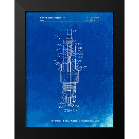 PP1051-Faded Blueprint Spark Plug Patent Poster Black Modern Wood Framed Art Print by Borders, Cole