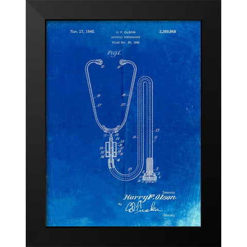 PP1066-Faded Blueprint Stethoscope Patent Poster Black Modern Wood Framed Art Print by Borders, Cole