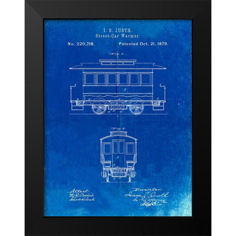 PP1069-Faded Blueprint Streetcar Patent Poster Black Modern Wood Framed Art Print by Borders, Cole