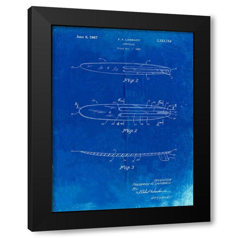 PP1073-Faded Blueprint Surfboard 1965 Patent Poster Black Modern Wood Framed Art Print with Double Matting by Borders, Cole