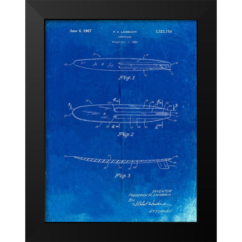 PP1073-Faded Blueprint Surfboard 1965 Patent Poster Black Modern Wood Framed Art Print by Borders, Cole