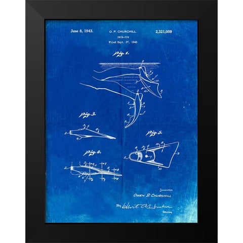 PP1079-Faded Blueprint Swim Fins Patent Poster Black Modern Wood Framed Art Print by Borders, Cole