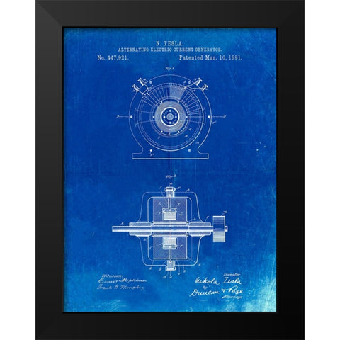 PP1090-Faded Blueprint Tesla Alternating Current Generator Poster Black Modern Wood Framed Art Print by Borders, Cole