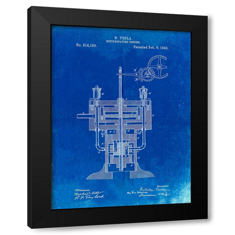 PP1094-Faded Blueprint Tesla Reciprocating Engine Poster Black Modern Wood Framed Art Print by Borders, Cole